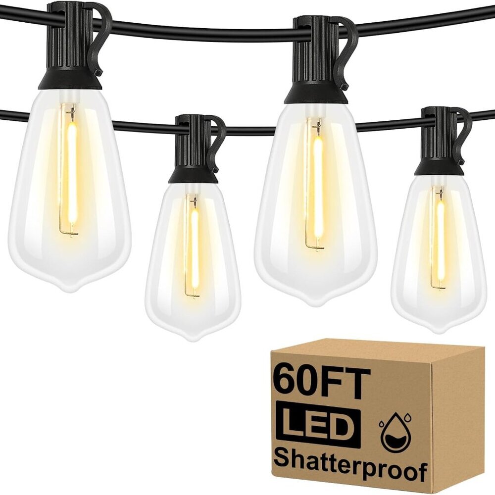 LED Outdoor String Lights 60FT with 32 Shatterproof ST38 Vintage Edison Bulbs, O